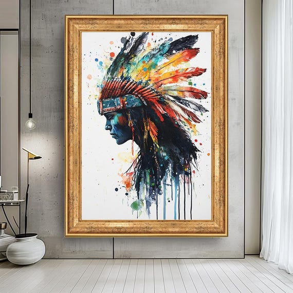 Tribal Chief Canvas Print Colorful Headdress Wall Art Native Inspired Abstract Portrait Bold Boho Rustic Home Decor