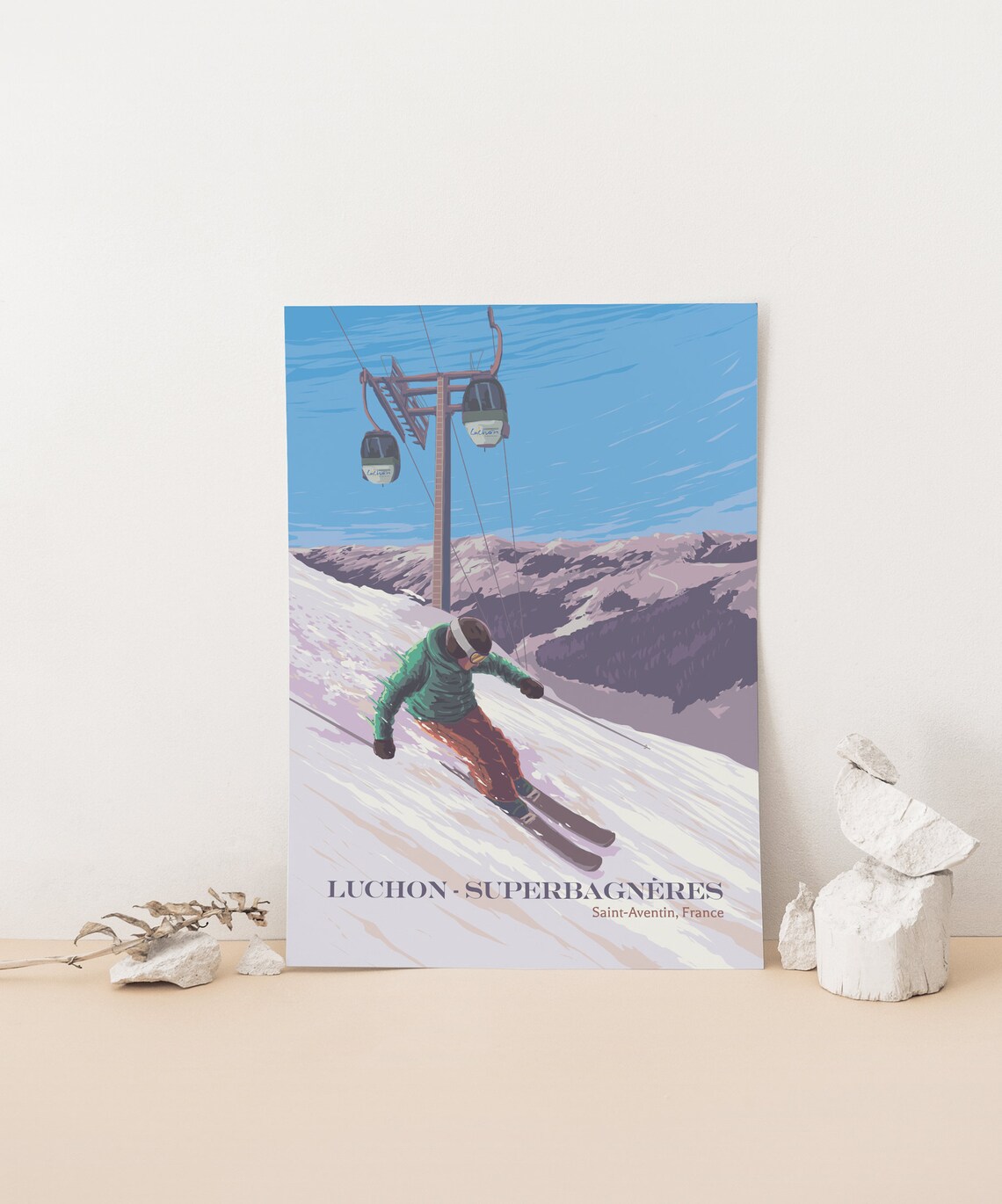 Luchon Superbagneres French Pyrenees Skier Poster Saint-Aventin Resort - Image 2