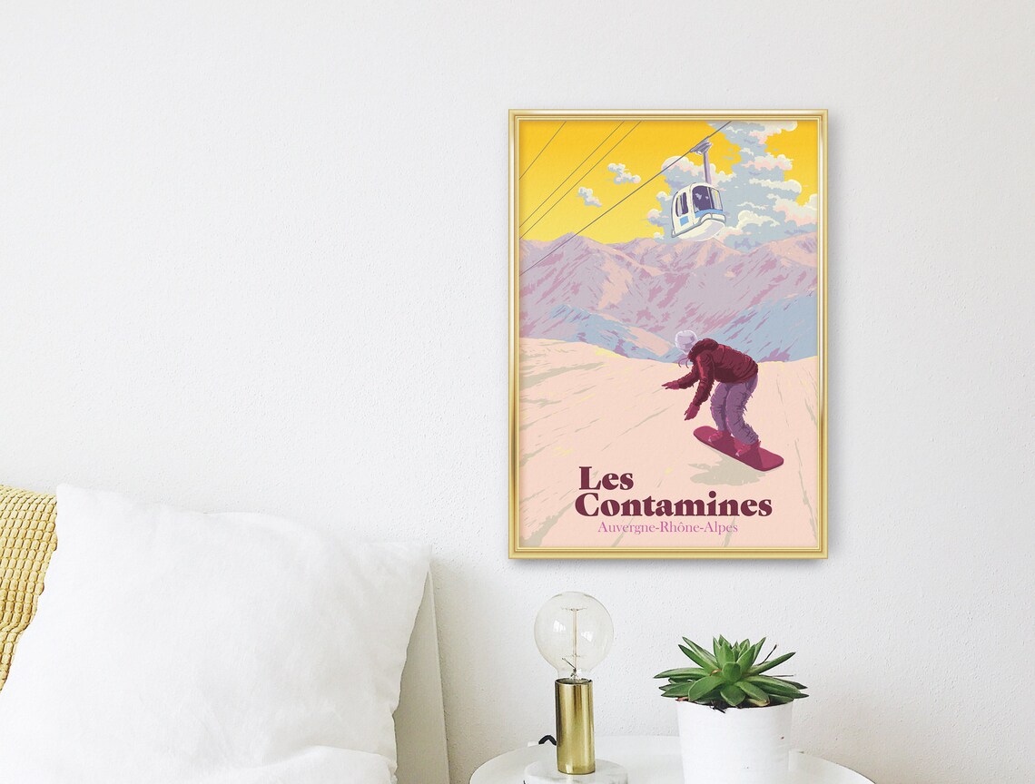 Les Contamines French Alps Golden Sunset Snowboarding Poster - Image 3
