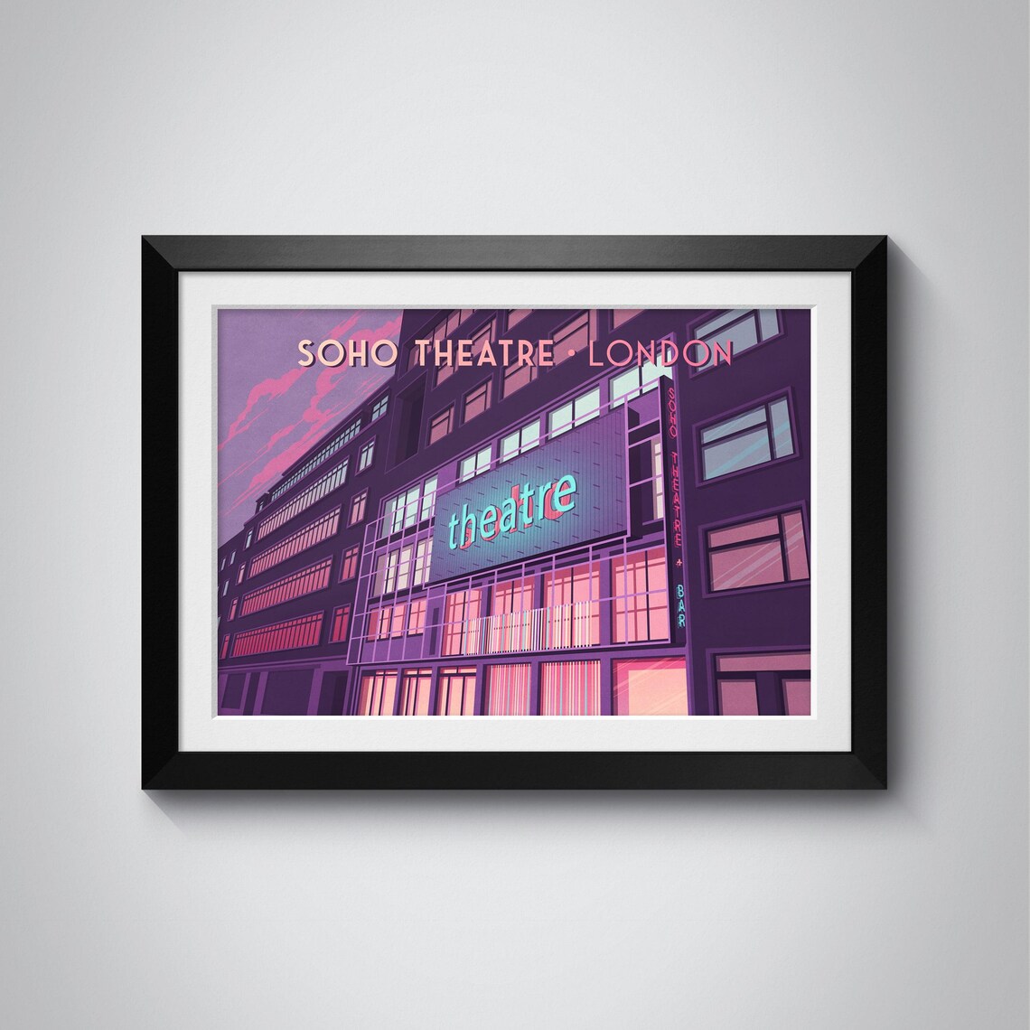 Soho Theatre London Glowing Neon Marquee Dusk City Travel Poster