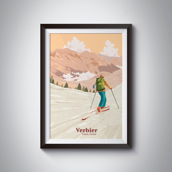 Verbier Ski Resort Vintage Skiing Travel Poster