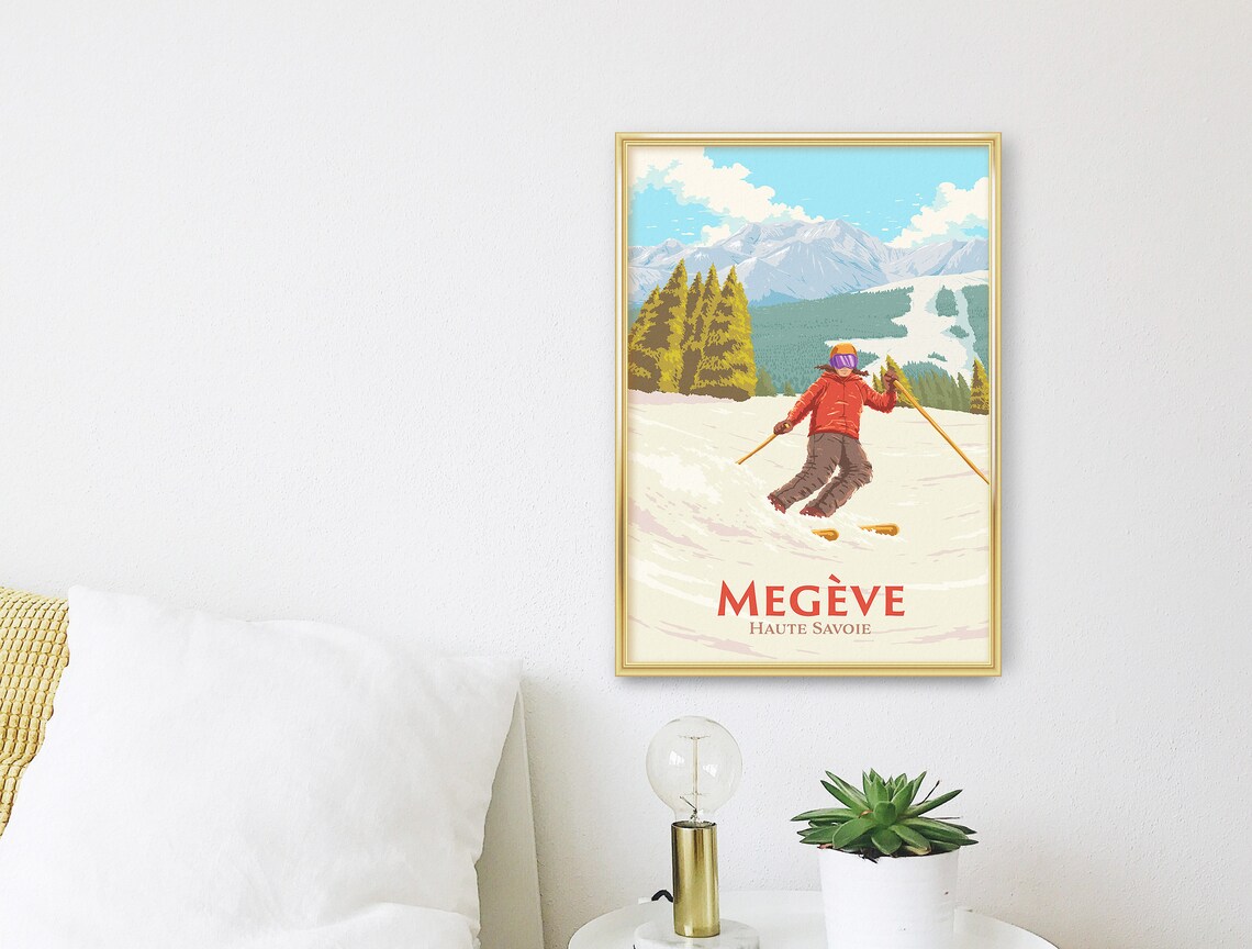 Megve Ski Resort Poster French Alps Haute Savoie Skiing Print Vintage Retro Art Mountain Snowboarding Ski Season Mont Blanc Massif - Image 3