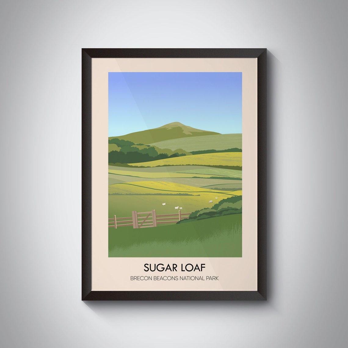 Sugar Loaf Brecon Beacons Sheep Fields Retro Welsh Travel Poster