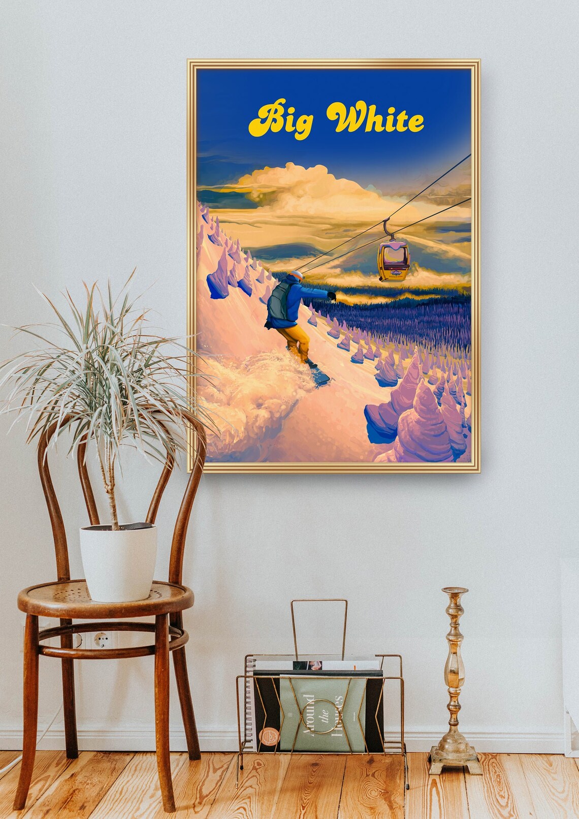 Big White Vintage Snowboarding Poster, Powder Trees and Sunset Gondola - Image 2