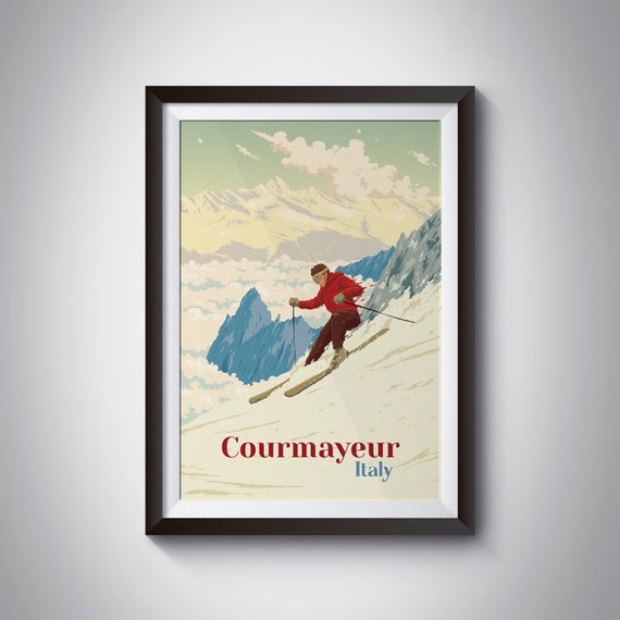 Courmayeur Ski Resort Poster Italy Skiing Print Travel Poster Italian Vintage Tour Du Mont Blanc Skyway Monte Bianco Valle Daoste