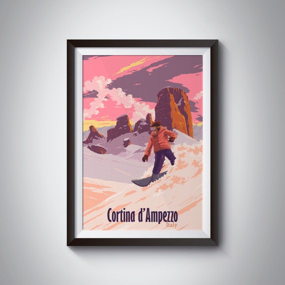 Cortina Dampezzo Snowboarding Poster Italy Skiing Print Vintage Travel Poster Dolomiti Dolomites Italian Art Ski Resort Skiing Gift