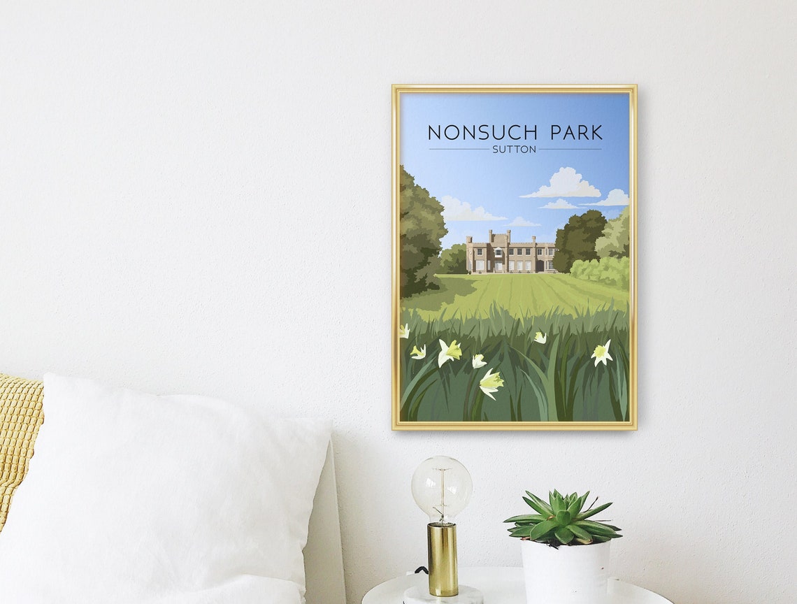 Nonsuch Park Sutton Mansion Daffodils Spring Lawn Scene Poster - Image 3