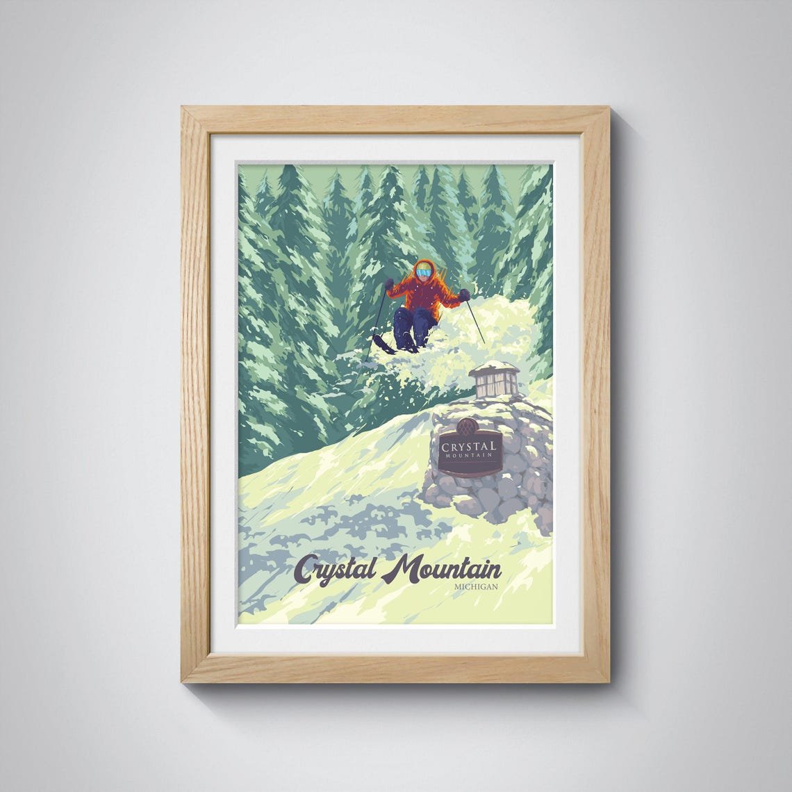 Crystal Mountain Michigan Ski Jumper Powder Snow Vintage Travel Poster - Image 3