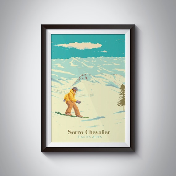 Serre Chevalier Snowboarding Travel Poster, French Alps