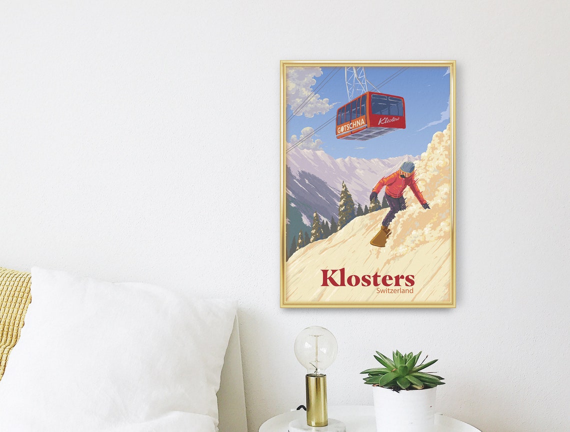 Klosters Switzerland Red Gotschna Gondola Powder Snowboard Poster - Image 3