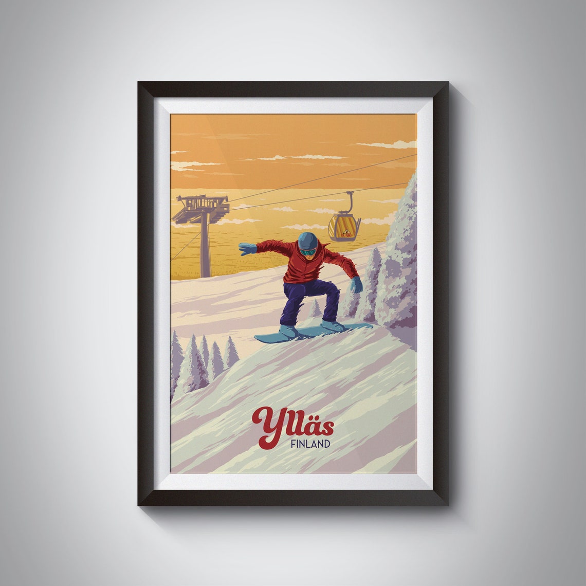Yllas Finland Sunset Snowboarder Gondola Arctic Travel Poster