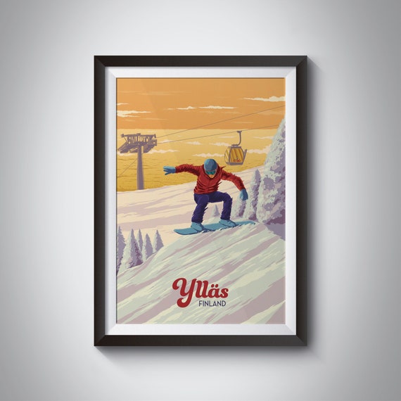 Ylls Finland Snowboarding Poster Lapland Travel Poster Snowboard Gift Levi Skiing Print Scandinavian Scandi Wall Art Print Ski Resort