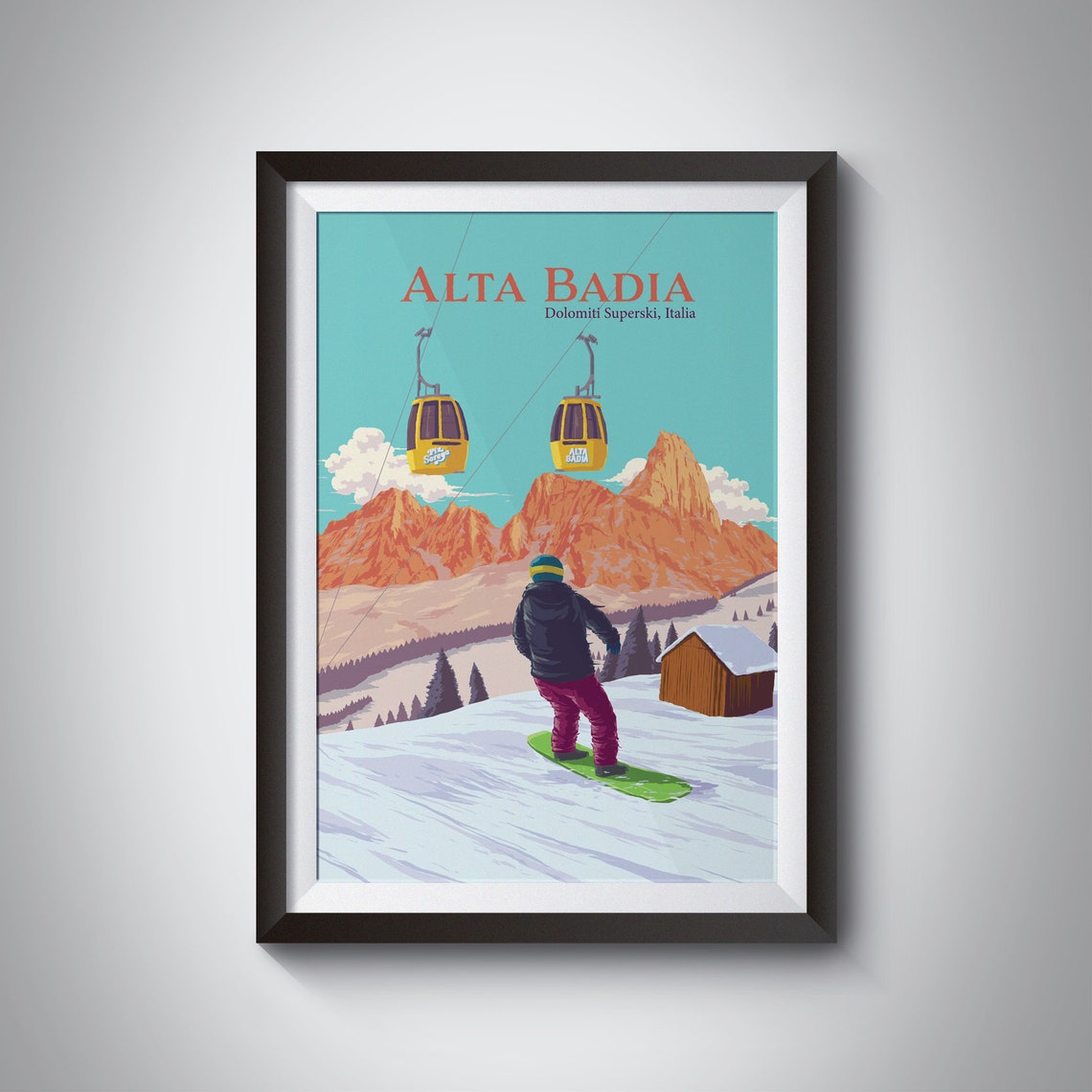 Alta Badia Italy Dolomites Snowboarder Gondolas Peak Scene Art Poster