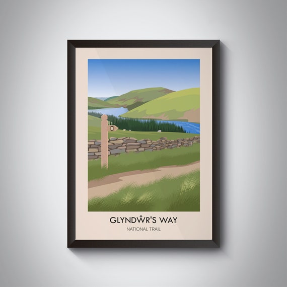 Glyndwrs Way National Trail Wales Hiking Countryside Vintage Poster