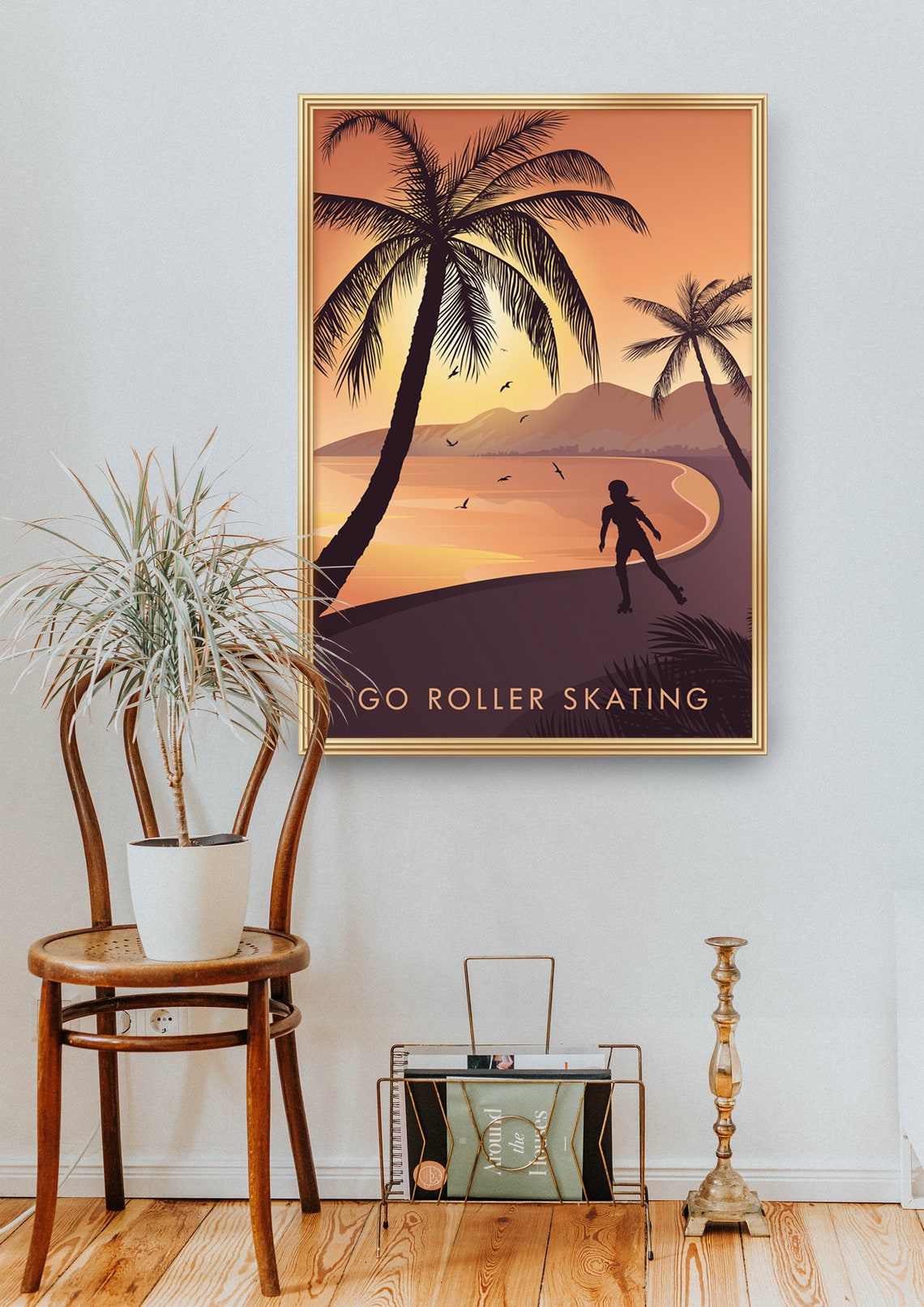 Go Roller Skating Beach Sunset Palm Silhouette Vintage Poster - Image 2
