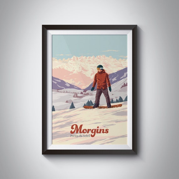 Morgins Snowboarding Poster Switzerland Swiss Alps Portes Du Soleil Ski Resort Skiing Print Vintage Ski Poster Ski Map Snowboard Gift