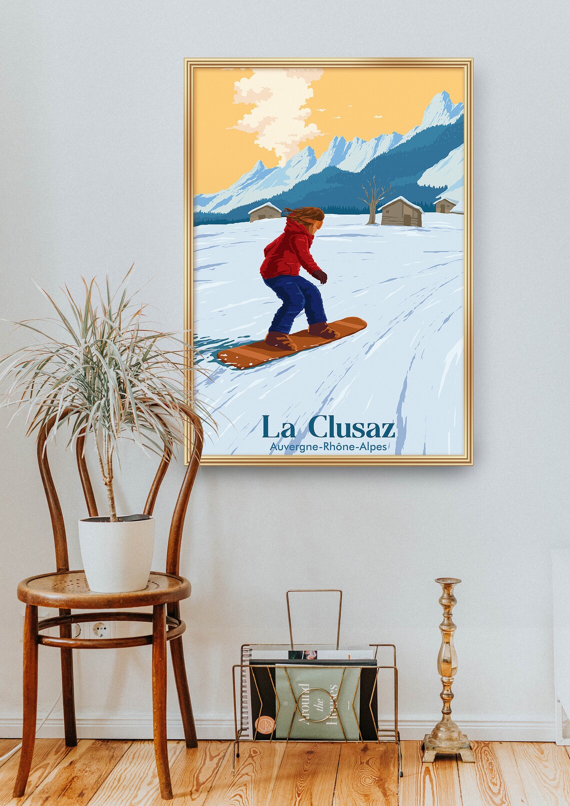 La Clusaz French Alps Vintage Snowboarder Mountain Travel Poster - Image 2