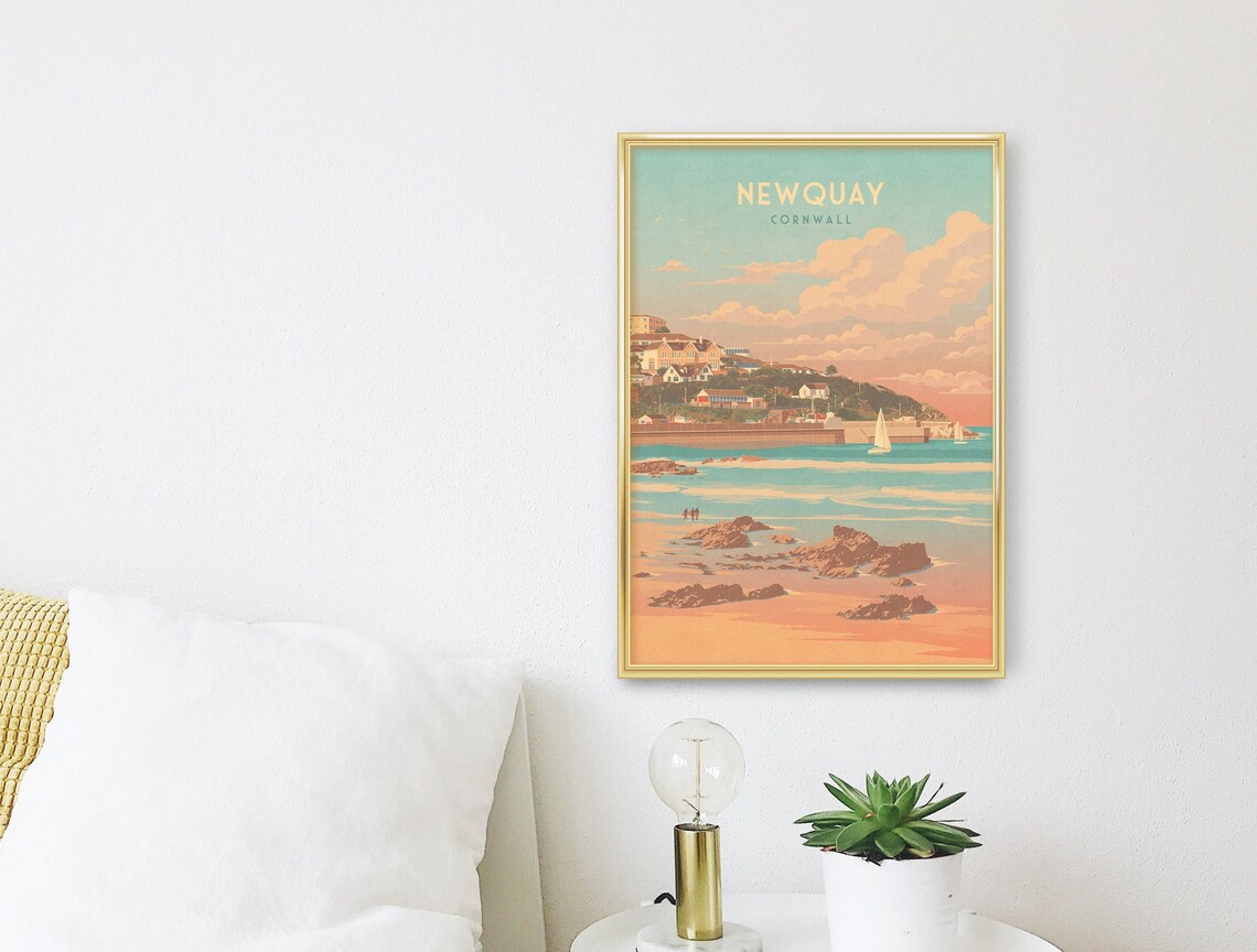 Newquay Cornwall Golden Beach Sunset Sailboats Rocky Shore Poster - Image 3