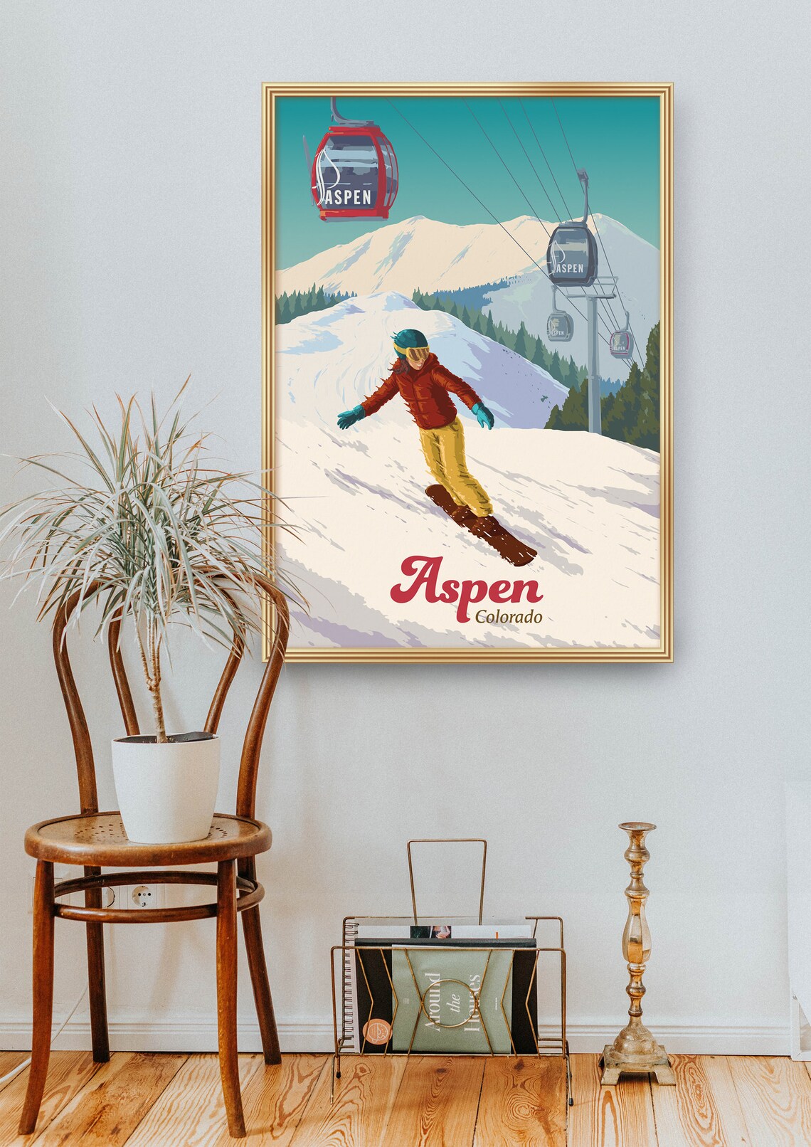 Aspen Colorado Snowboarder Gondola Retro Ski Resort Travel Poster - Image 2
