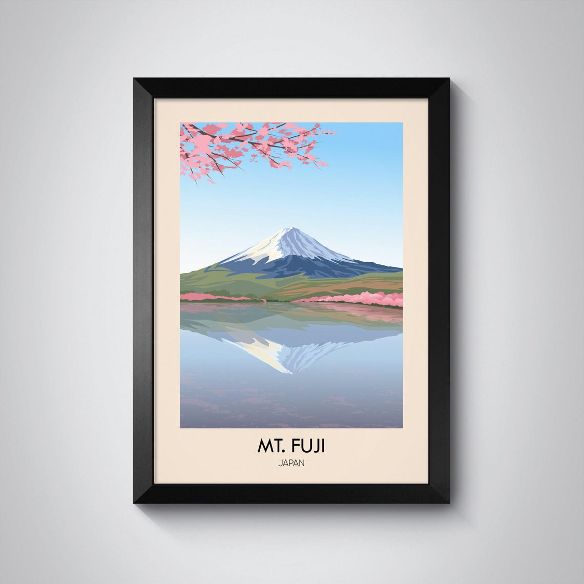 Mt Fuji Japan Cherry Blossom Lake Reflection Minimalist Travel Poster