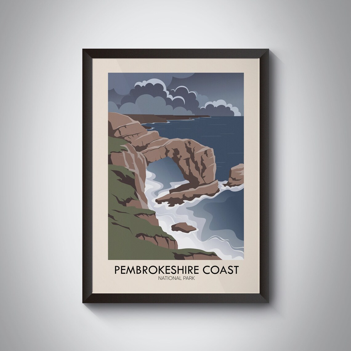 Pembrokeshire Coast Wales Sea Arch Cliffs Stormy Sky Travel Poster