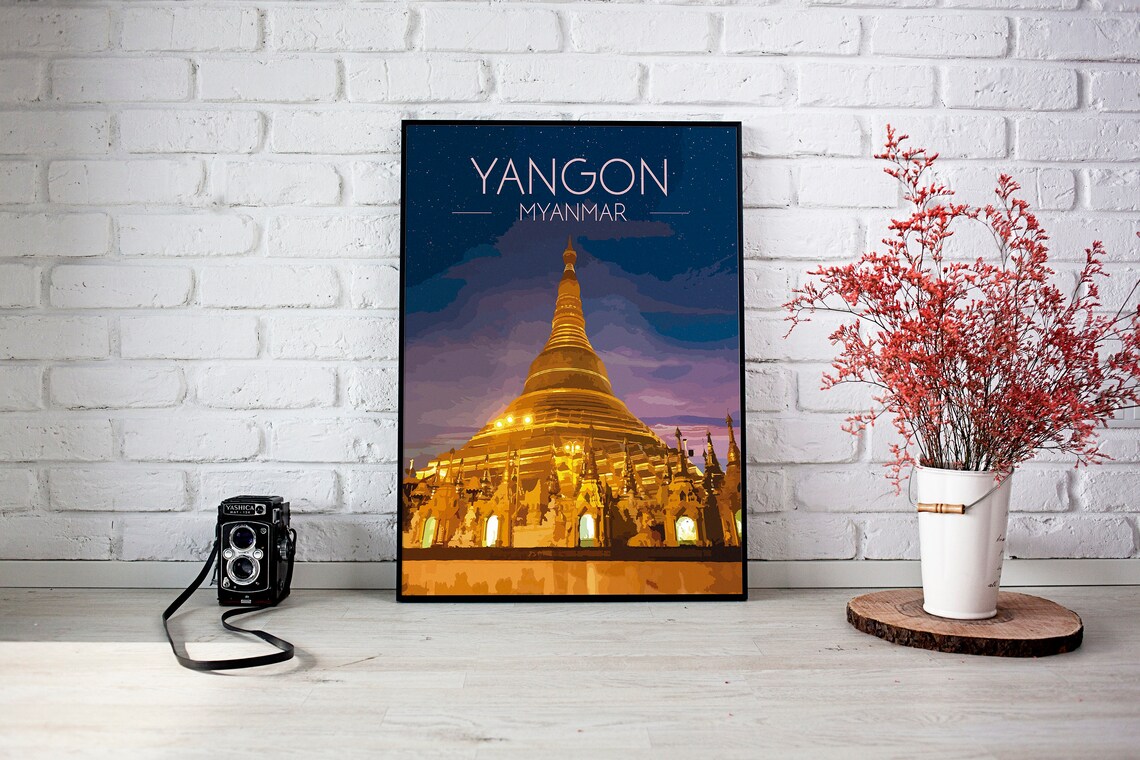 Yangon Myanmar Shwedagon Pagoda Night Golden Temple Starry Travel Poster - Image 3