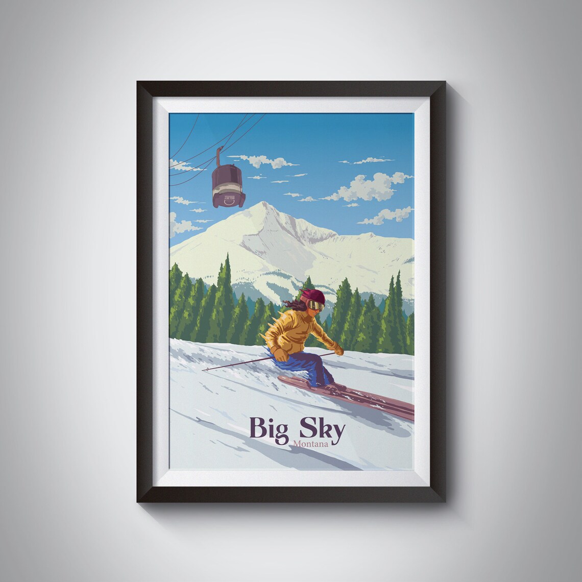 Big Sky Montana Skier Descending Gondola Peak Scene View Poster