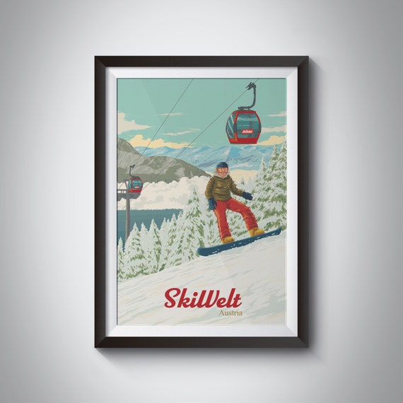Skiwelt Austria Snowboarding Poster Ski Resort Print Ski Lift Art Travel Poster Wilder Kaiser Soll Hopfgarten Retro Skiing Poster