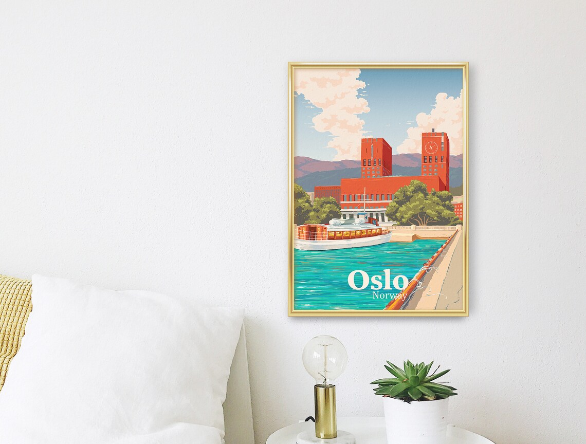 Oslo Norway Vintage Scenic Fjord Waterfront City Travel Poster - Image 3