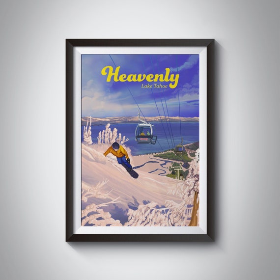 Heavenly Mountain Snowboarding Poster California Ski Resort Lake Tahoe Travel Poster Northstar Kirkwood Skiing Print Vintage Ski Art