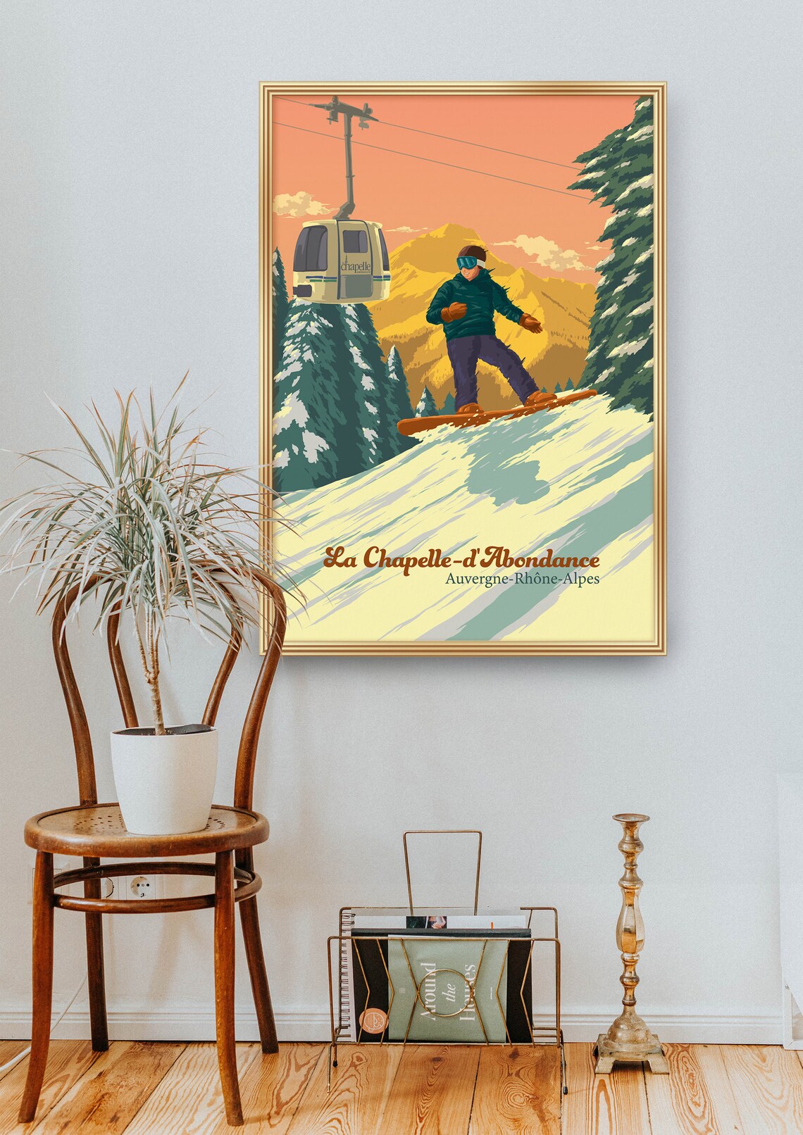La Chapelle d'Abondance France Snowboarding Poster with Gondola Cabin - Image 2