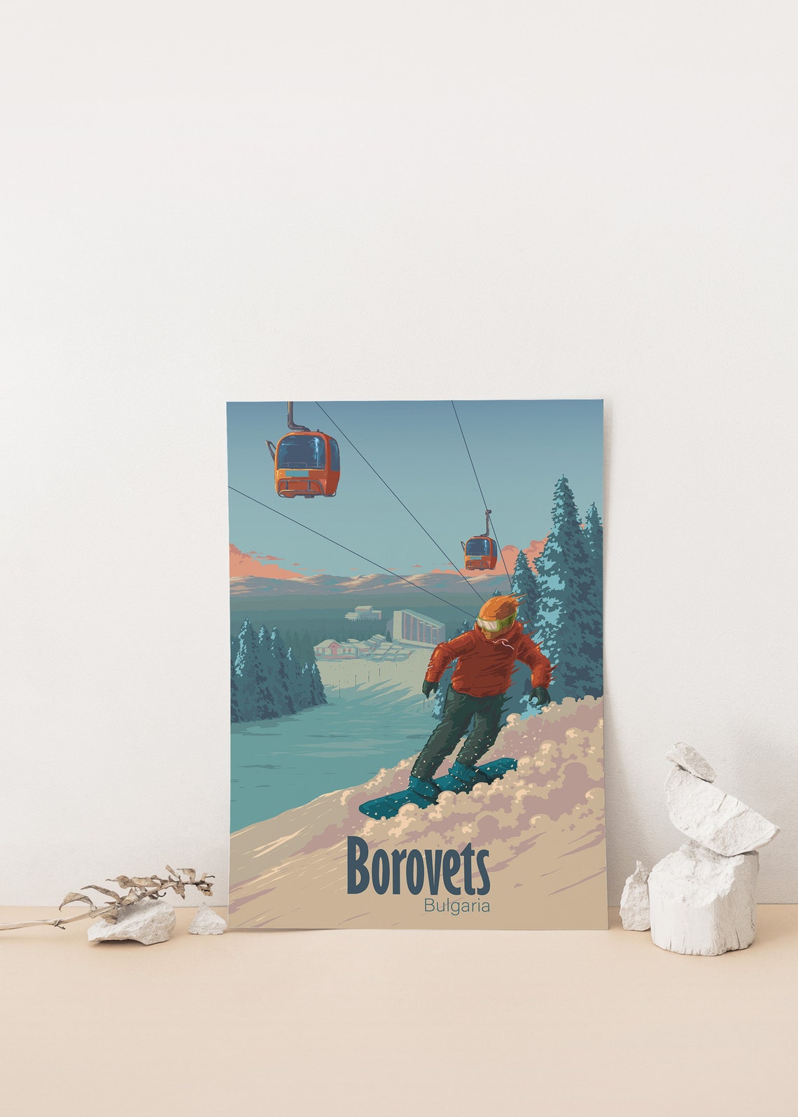Borovets Bulgaria Orange Gondolas Snowboard Resort Winter Poster - Image 4