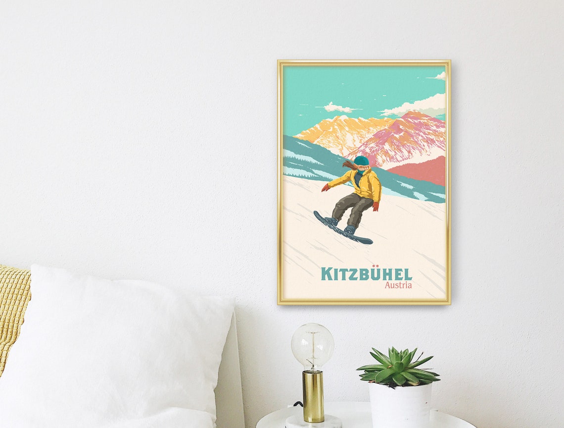 Kitzbuhel Austria Snowboarder Mid Jump Retro Alpine Ski Art Poster - Image 3