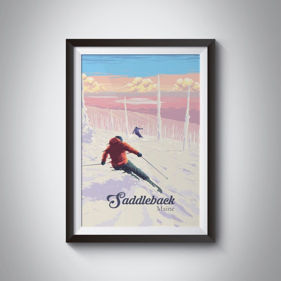 Saddleback Maine Ski Resort Travel Poster Usa Skiing Print Vintage Artwork Snowboarding Ski Area Saddleback Mountain Framed Print Art