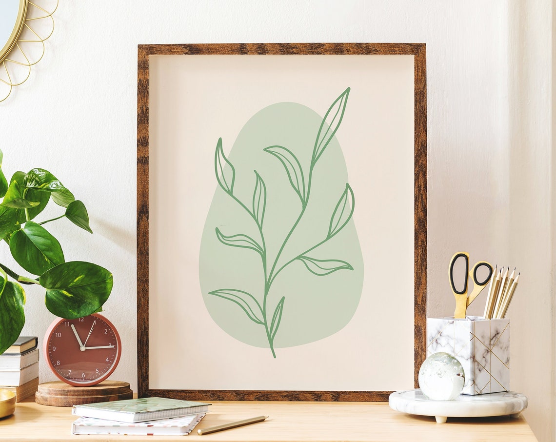 Sage Green Branch Line Art Poster with Soft Organic Botanical Shape