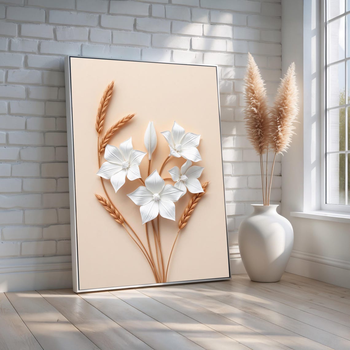 White Flowers And Wheat Wall Art Minimalist Botanical Canvas Print Ready To Hang Neutral Floral Decor Rustic Modern Home Accent