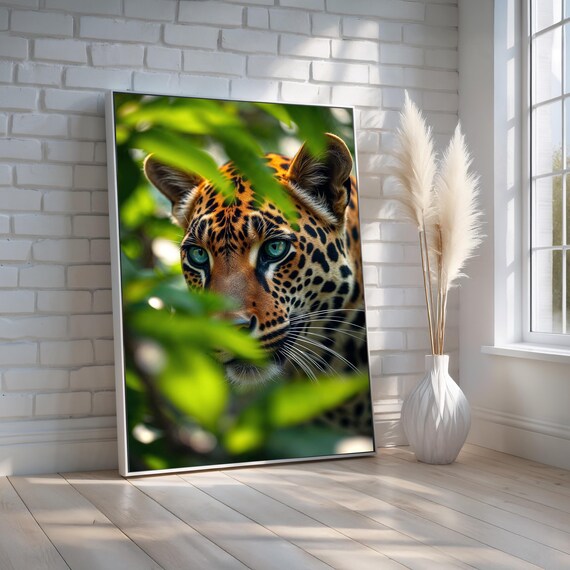Leopard Closeup Through Jungle Leaves Wildlife Photography Poster