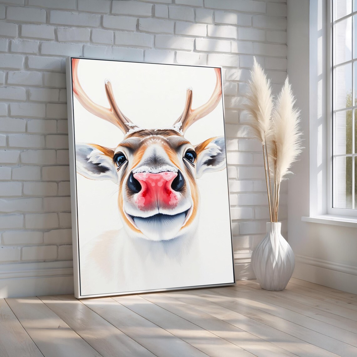 Cute Red Nosed Reindeer Face Close Up Funny Christmas Animal Poster