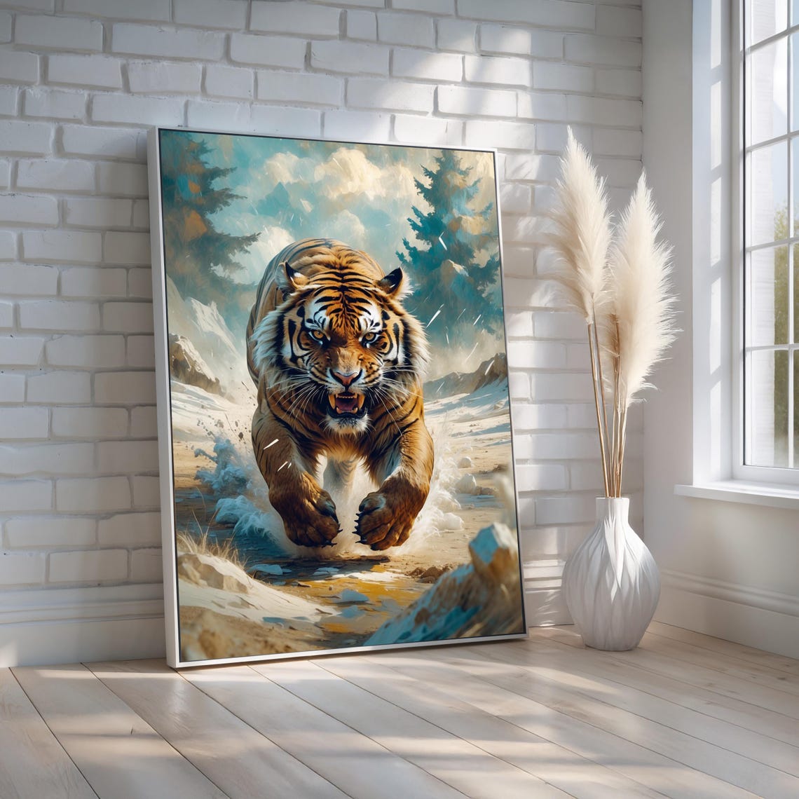 Fierce Tiger Running Through Snow Painted Wildlife Art Poster