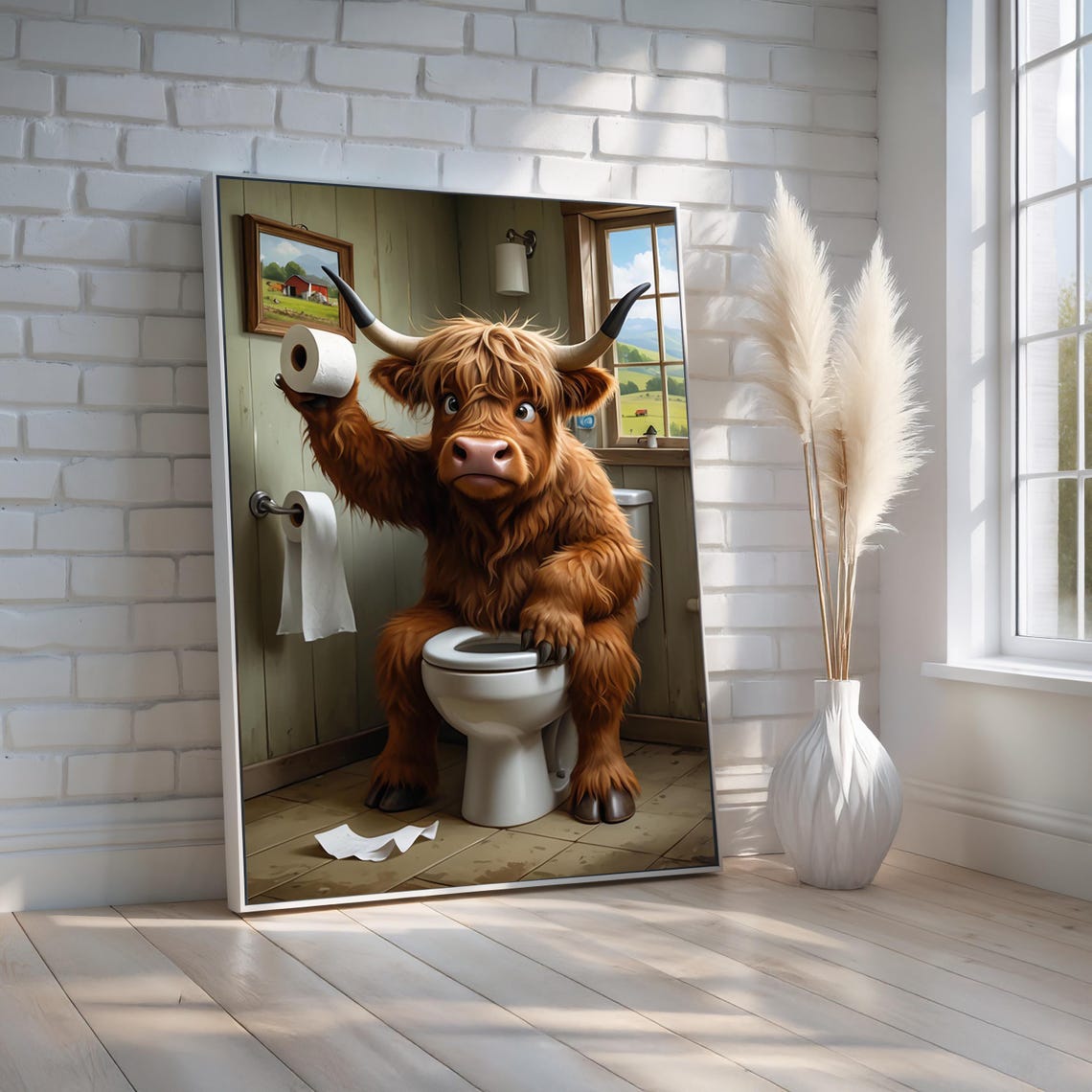Funny Highland Cow Sitting on Toilet Farmhouse Bathroom Poster