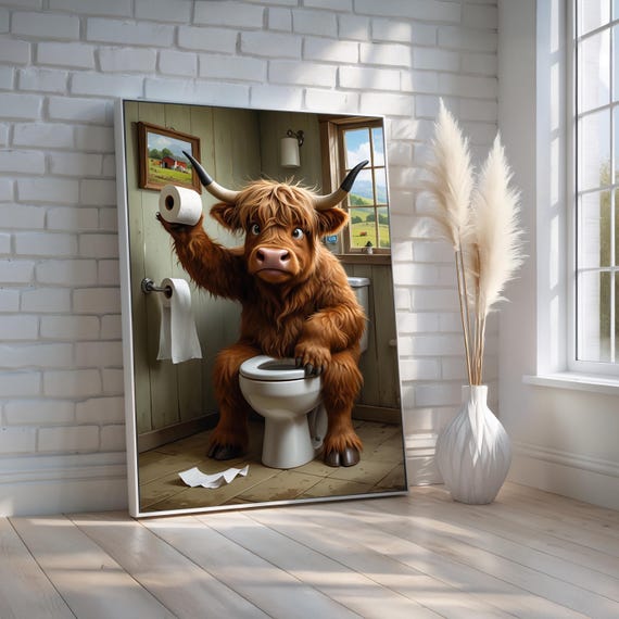 Funny Highland Cow Bathroom Wall Art Farmhouse Rustic Decor Humorous Animal Toilet Canvas Poster Quirky Gift Ready To Hang