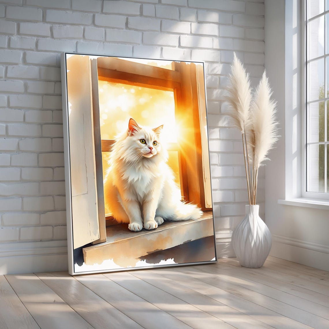Fluffy White Cat Sitting in a Sunlit Window Morning Light Poster