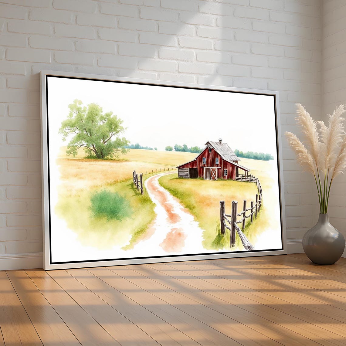 Rustic Red Barn Watercolor Country Field Farm Landscape Poster