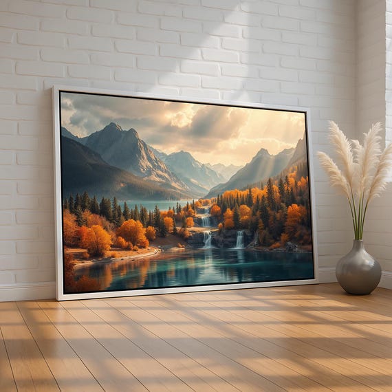 Autumn Waterfall Mountain Wall Art Multilayer Cascade Fall Forest Canvas Print Nature Landscape Decor Ready To Hang