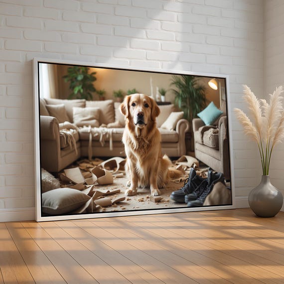 Funny Golden Retriever Wall Art Dog Chaos Canvas Poster Whimsical Pet Decor For Lovers Or Gift Him Her Ready To Hang
