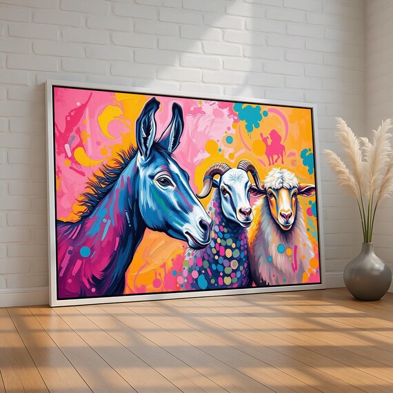 Colorful Pop Art Donkey Goat and Sheep Trio Farm Animal Poster