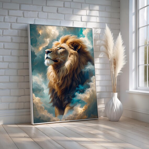 Majestic Lion Poster Powerful King Of The Jungle Wall Art Regal In Clouds Print Strength Courage Decor Ready To Hang