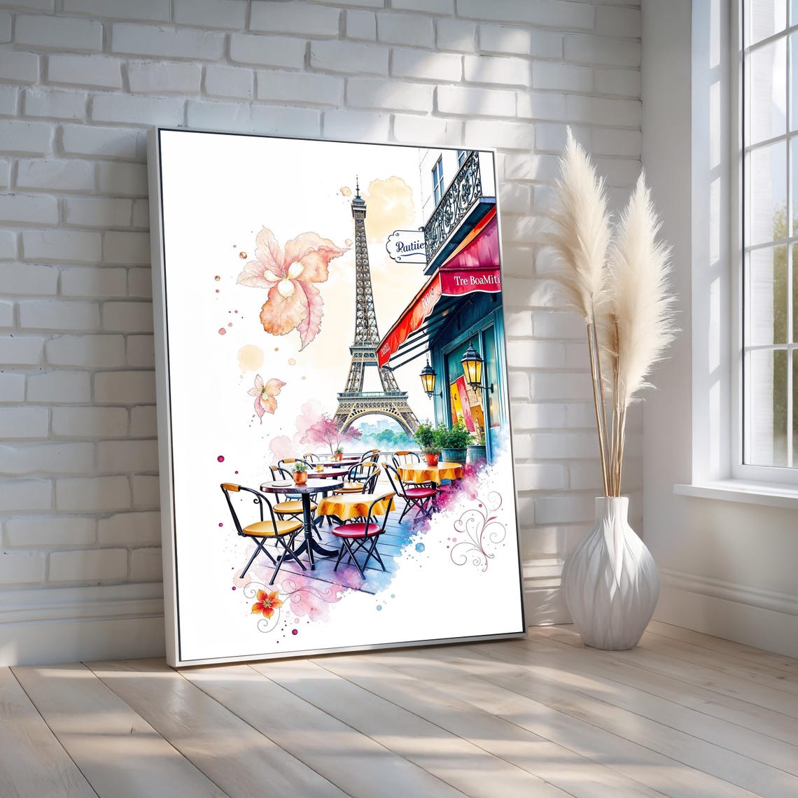 Paris Eiffel Tower Cafe Watercolor Floral Street Scene Wall Art