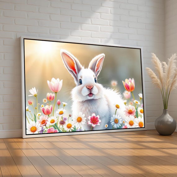 Cute Bunny Poster Happy Spring Rabbit With Flowers Canvas Print Nursery Animal Wall Art Or Easter Decor Bright Ready To Hang