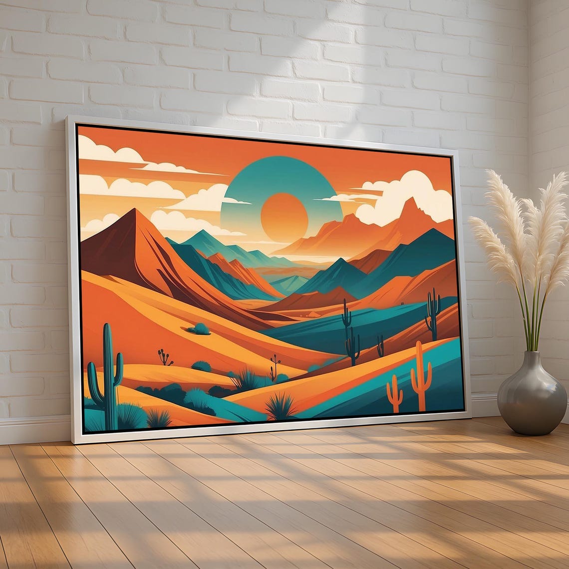 Desert Sunset Retro Illustration Saguaro Cactus Teal Orange Poster Art